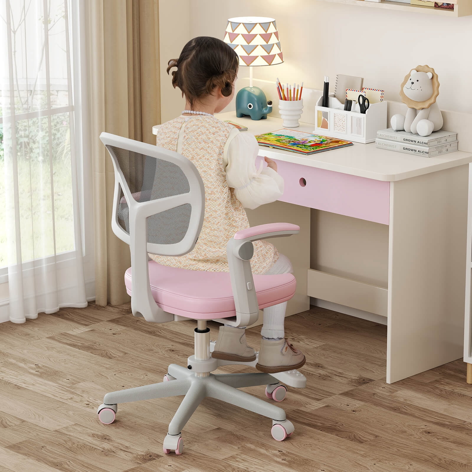 Costway Kids Desk Chair Children Study Chair with Adjustable Height, Armrest & Footrest Pink
