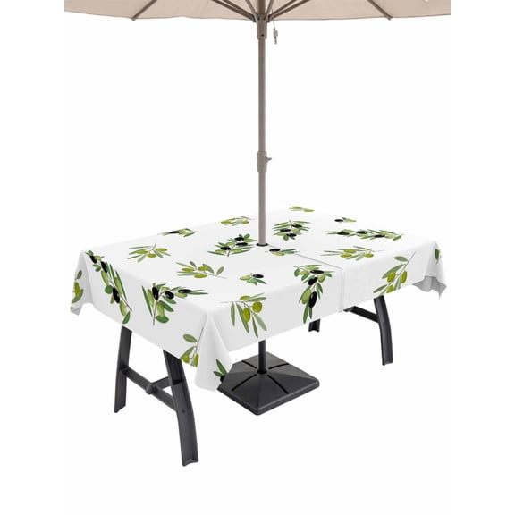 Outdoor Tablecloth with Umbrella Hole and Zipper, Green Olive Branches Rectangle Table Cloth 60x84 Inch Waterproof Tablecloth, Spring Pastoral Leaves Botanical Picnic Table Cover for Patio Camping