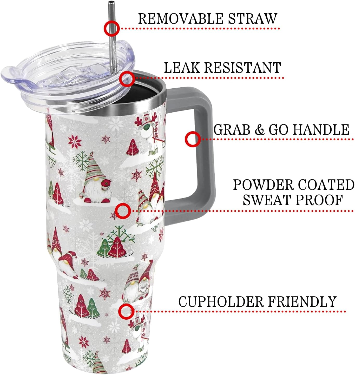 Christmas Winter Tumbler with Handle and Straw Lid 40 oz,Cute Merry Xmas Gnome Snowflake Gifts for Women Vacuum Insulated Leak Proof Tumbler,Holiday Accessories Stainless Steel Coffee Cup (Red/Green)