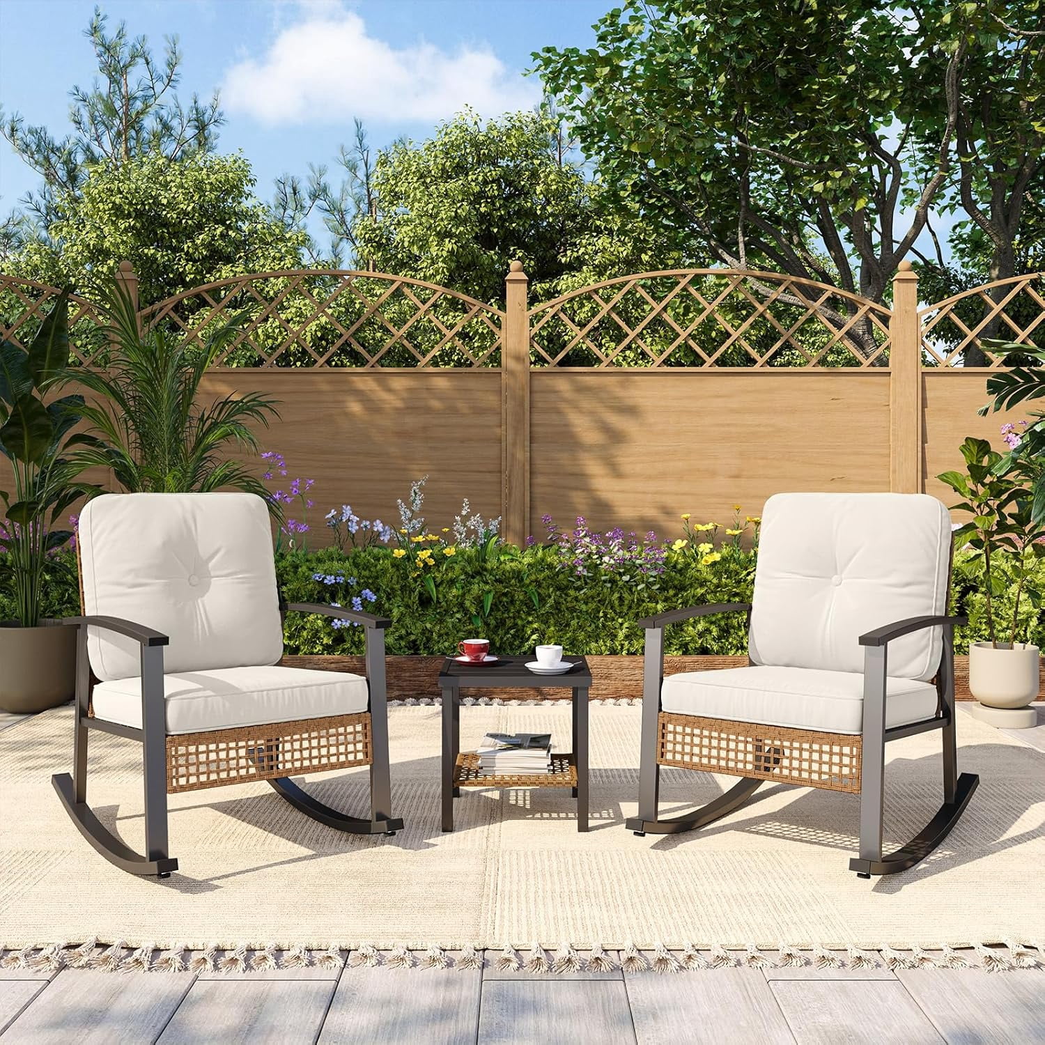 Aoxun 3-Piece Outdoor Rocking Bistro Set, Patio Furniture Set with Coffee Table and Thick Cushions, Wicker Rocking Chairs Set of 2 for Garden, Balcony, Backyard, Poolside (Beige)