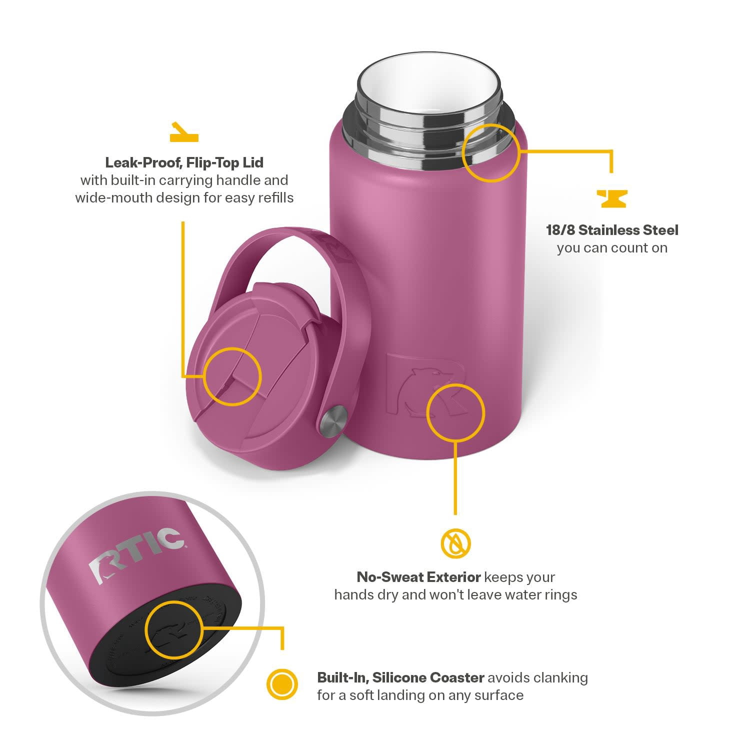 RTIC 16 oz Ceramic Lined Insulated Outback Bottle, Leak Resistant, Orchid