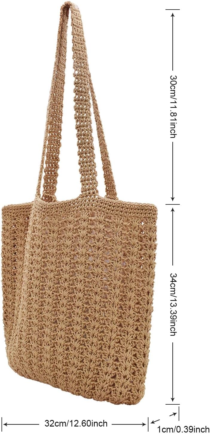 CAILDANL Boho Crochet Summer Handbag Handmade Cotton Rope Knit Shoulder Bags for Women Bohemia Tote for Travel