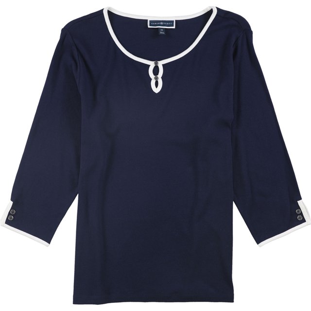 Karen Scott Blusa tipo suéter con abertura en contraste para mujer, azul, 3X