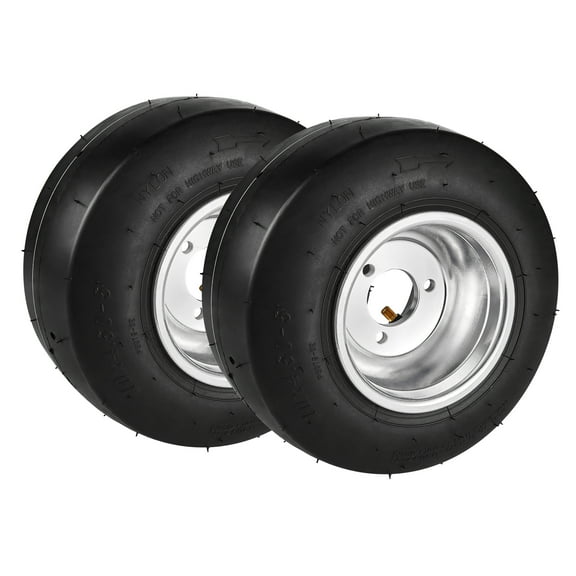 KFFKFF Go Kart Tires and Rims, 10x4.5-5" Wheels, Set of 2 Front Wheels with Aluminum Alloy Rims and Rubber Tires, Compatible with 1.57-inch Hub Bolt Pattern and 3 Bolt Holes