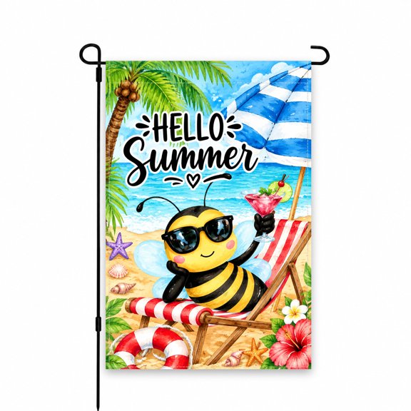 Hello Summer Garden Flag 12 x 18 Inch – Bee Beach Theme with Tropical Palm, Sun Lounger, and Vibrant Colors – Outdoor Decor for Lawn, Patio, or Porch