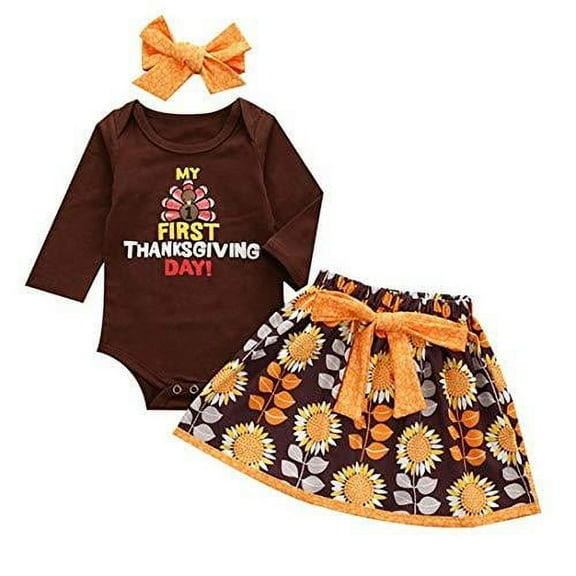StylesILove Baby Girls My 1st Thanksgiving Long Sleeve Bodysuit and Flower Skirt with Headband 3pcs Holiday Outfit