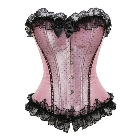 SnnmBlm Women s Corset Bustier Overbust Satin Floral Lace up Trim Plus Size Bodyshaper Tops Pink 2XL