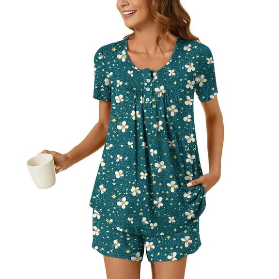 Women's Pajamas Plus Size Under $10 Fashionable Printed Round Neck Short Sleeve Short Pant Home Clothing Set
