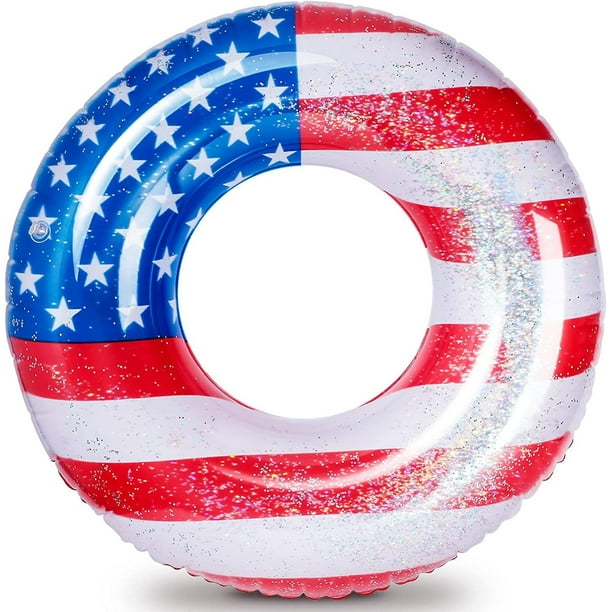 Flotador de piscina inflable con bandera: diversión lujosa llena de confeti de estrellas plateadas brillantes, flotadores de piscina de agua con diseño de bandera fresca