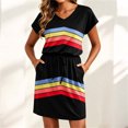 thumbnail image 5 of Levmjia Women's Casual Stripe Print Dress Short Sleeve V Neck Loose Fit Summer Dress with Drawstring Waist Front Pockets A Line Tunic Dress for Women, 5 of 7