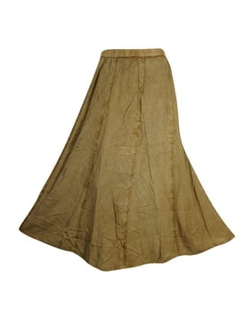 Mogul Brown Rayon Embroidered Gypsy Skirt With Drawstrings Solid Summer Long Skirts
