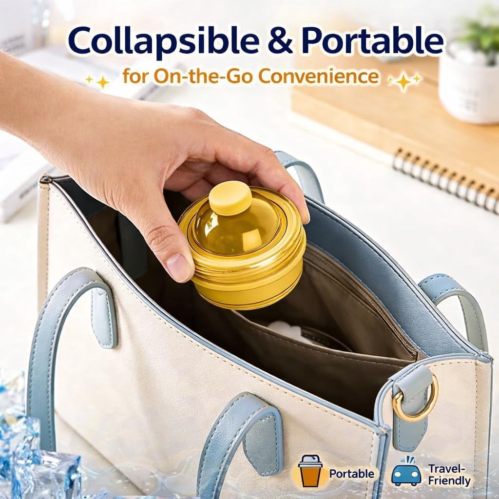 2-in-1 Collapsible Silicone Ice Ball Maker Cup, Foldable Ice Ball Drink Cup, Reusable Portable Silicone Ice Sphere Mold Bottle with Straw & Lid, Easy Demolding, Leakproof Travel Tumbler (Blue)