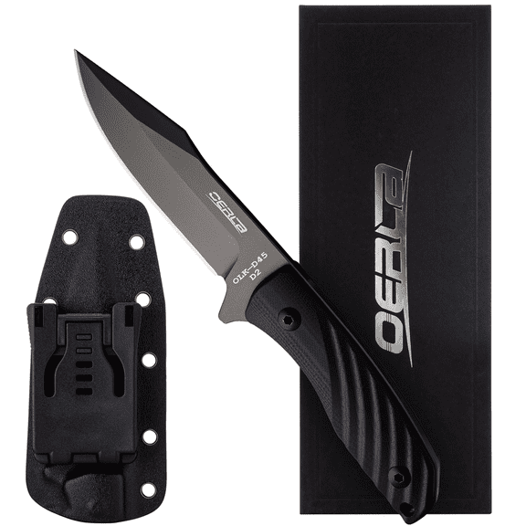 OERLA OLK-D45 Tactical Survival Knife with Kydex Sheath, D2 High Carbon Steel Fixed Blade Outdoor Knife, G10 Handle, EDC Tactical Belt Clip