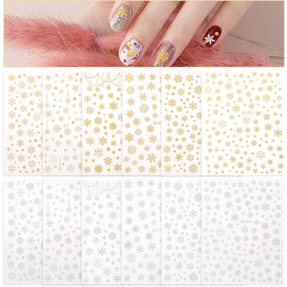 12Pcs 12 Styles Snowflake Nail Art Stickers Self Adhesive Paper Nail Art Stickers Snowflake Theme Nail Art Design Decals for Nail Tips Decorations Card Making DIY Jewelry Colorful