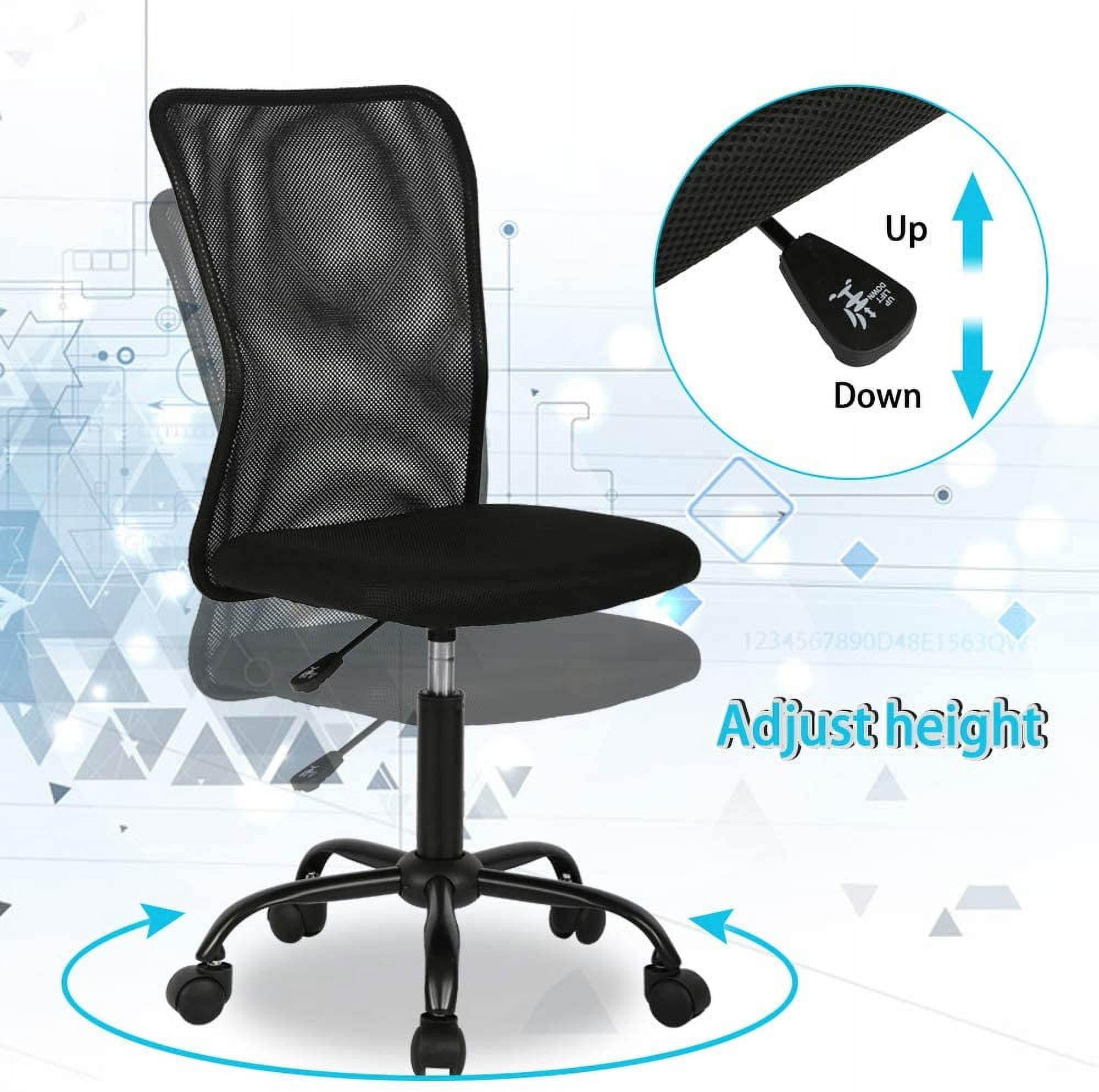 Armless Office Chair Mesh Desk Chair Adjustable Mesh Computer Chair No Arms Task Rolling Chair with Quiet 360°Swivel Wheels for adults, Black