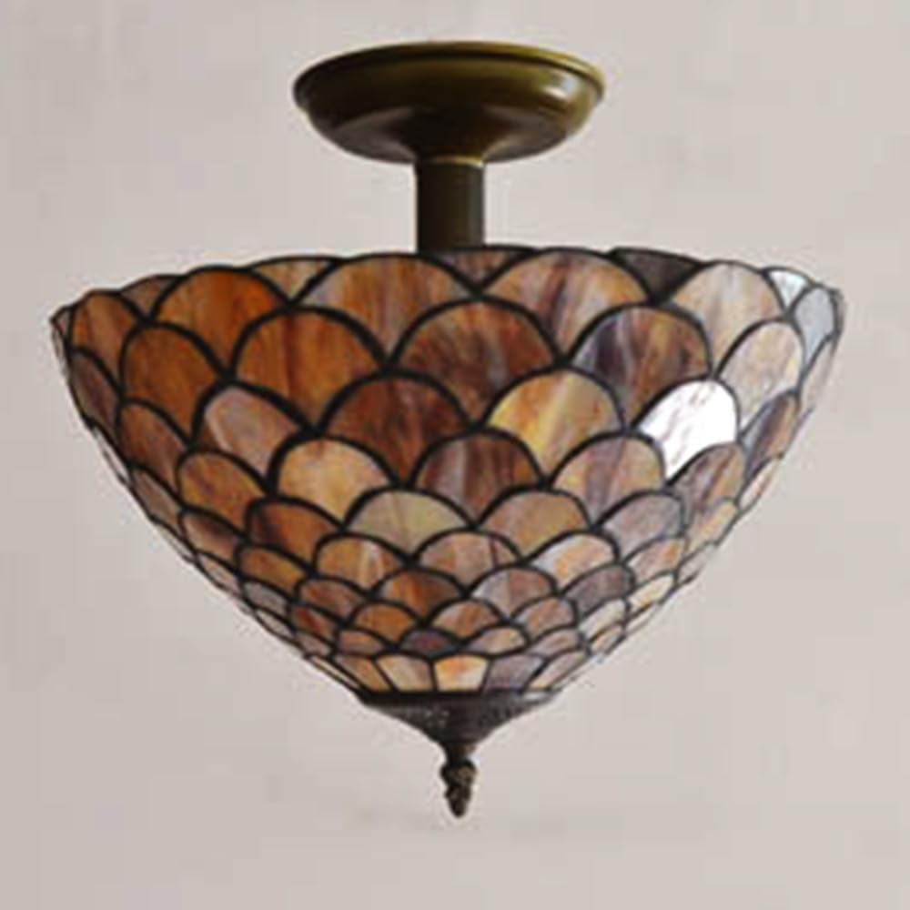 Kiven 13.8in Plug-in Flush Mount Ceiling Light Fixture, 3-Light Anti Glare Close to Ceiling Light with 15FT Cord, Tiffany-Style Glass Chandelier Dimmable for Bedroom Kitchen Hallway(No.3206)