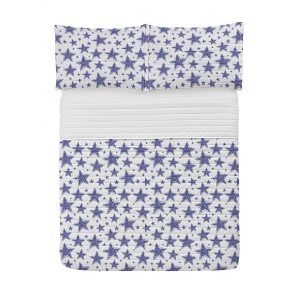 Star Microfiber Bedspread Set, Hand Drawn Illustration of 5 Pointed Doodle Style Stars Geometric Pattern, Soft Bedding Set with Pillow Shams & Comforter, 3 Sizes, Violet Blue White, by Ambesonne