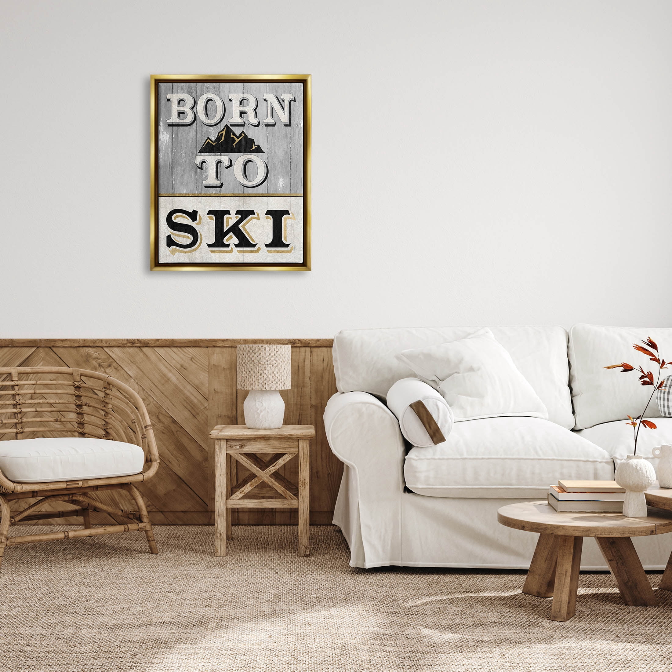 Stupell Industries Born To Ski Mountain Sign Graphic Art Metallic Gold Floating Framed Canvas Print Wall Art, Design by Livi Finn