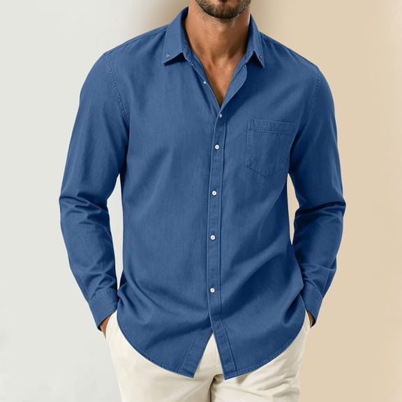 Trikvn Men's Casual Button Down Shirts Long Sleeve Chambray Denim Tops with Chest Pocket Classic Collared Lightweight Dress Shirt for Work Office Everyday Essential