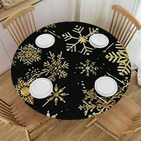 

Ollo0ord Winter Snowflakes Tablecloth with Elastic Edge Round Table Cloth Christmas Washable Reusable Cover for Kitchen Dining Party Picnic Small Black 38-42
