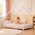 thumbnail image 2 of SESSLIFE Twin Size House Bed, Metal Floor Bed Frame with Roof and Guardrail, Montessori Floor Bed for Bedroom, House-shaped Design, No Box Spring Needed, Easy Assembly, White, 2 of 8