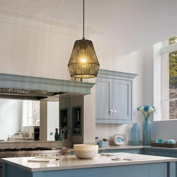 UITTG-Woven Rattan Pendant Light Fixtures Farmhouse Black Pendant Lights Kitchen Island Wicker Boho Light Fixtures Ceiling Dining Room Coastal Pendant Lighting (7.08 in 1-Pack)
