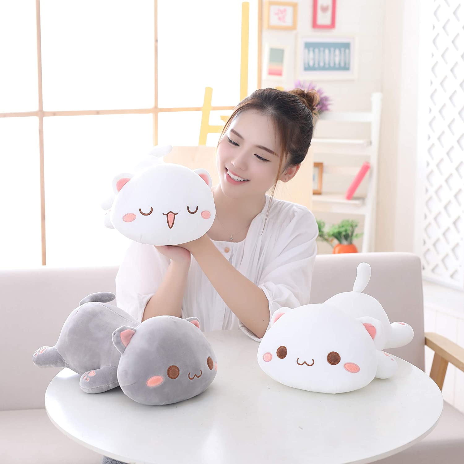 Bamaia Cute Kitten Plush Toy Stuffed Animal Pet Kitty Soft Anime Cat Plush Pillow For Kids Gray