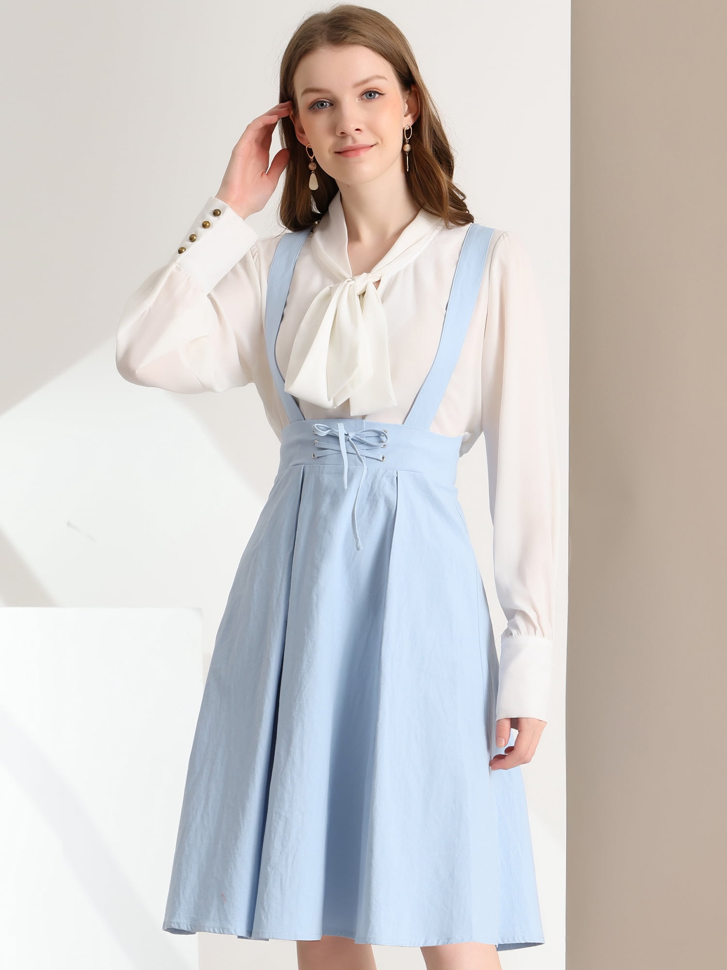 DARING DIVA Women's High Waist Overall Corset Skater Skirt Short Midi Dress L Light Blue