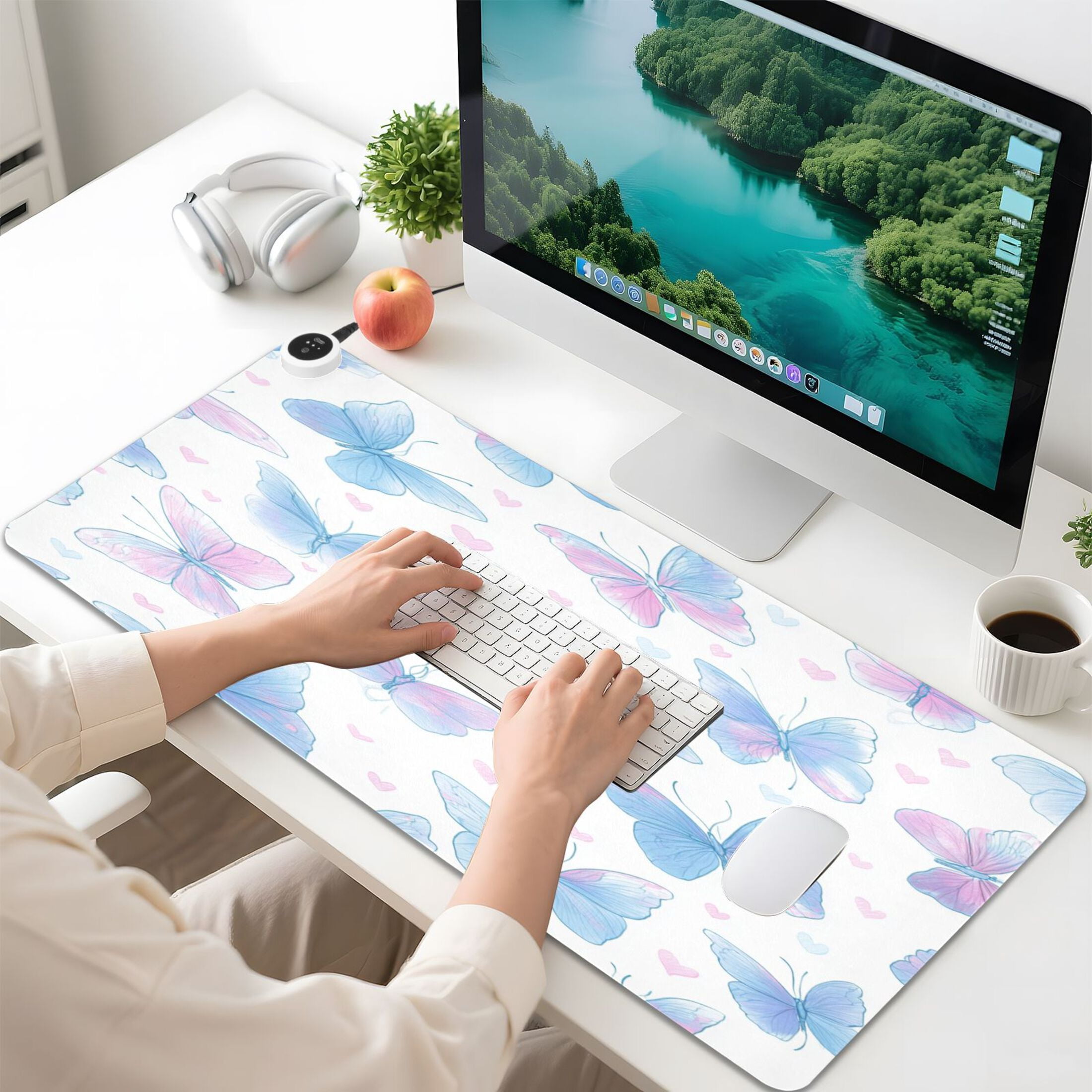 Large Heated Desk Mat Mouse Pad 31.5"x13"PU Leather Graphene Heating Desk Warmer with 3 Temperature Settings 110V US Plug Non-Slip Warm Pad for Home, Office, and Gaming Sweet Heart Butterfly Print