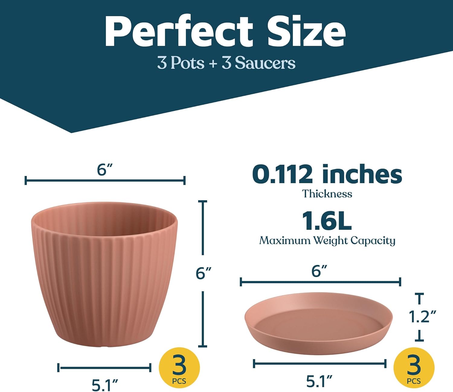 Pink 6-Inch Plant Pots with Drainage & Saucers 3 Pack, Indoor & Outdoor Planters for Houseplants, Herbs, and Flowers, Durable & Weatherproof Material, Stackable, Lightweight, Minimalist Design