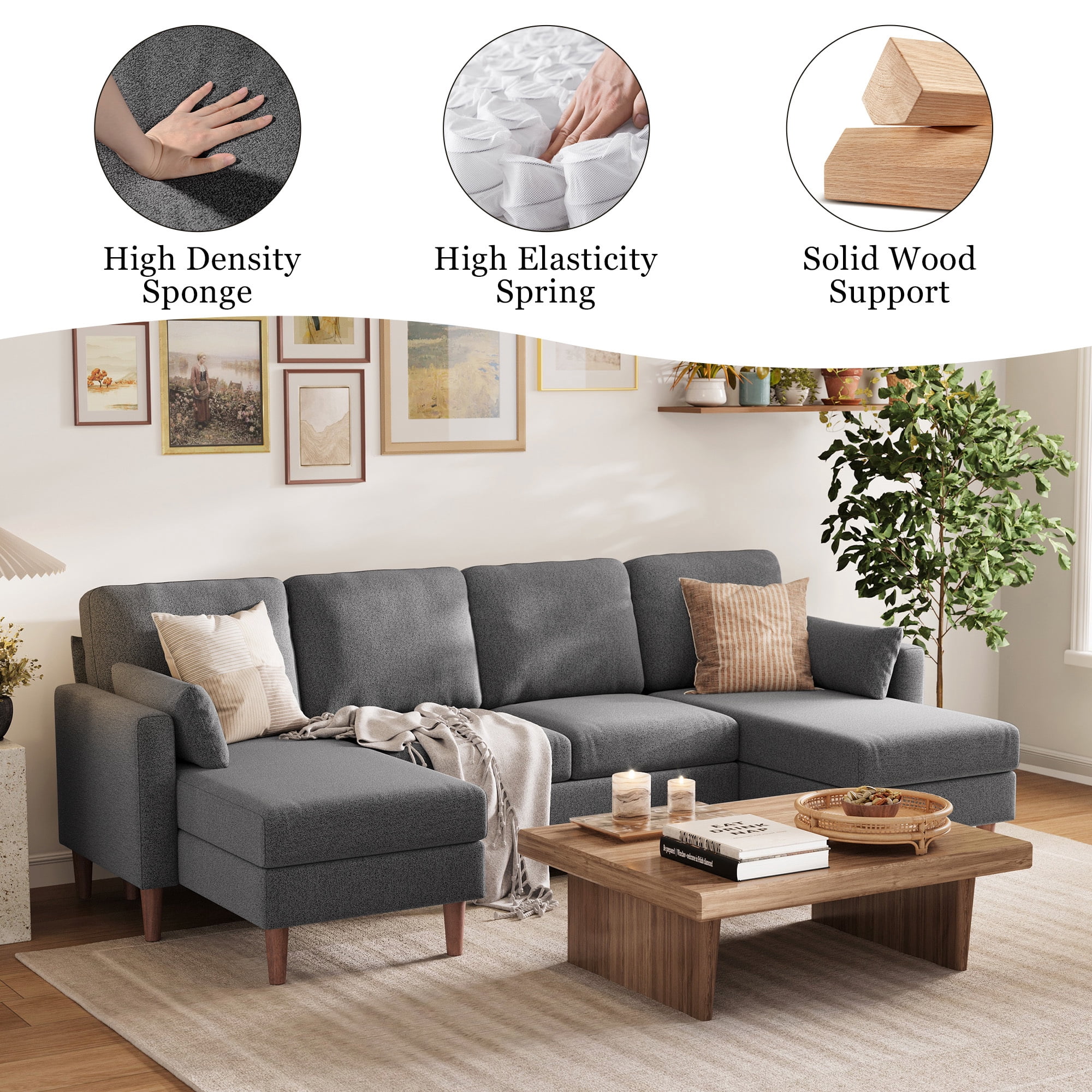 Linsy Home 101" Modular Sectional Couches for Living Room, U-Shaped Sectional Sofa with 2 Pillows, 4 Seat Oversized Sofa with Double Chaise, Dark Gray Bouclé
