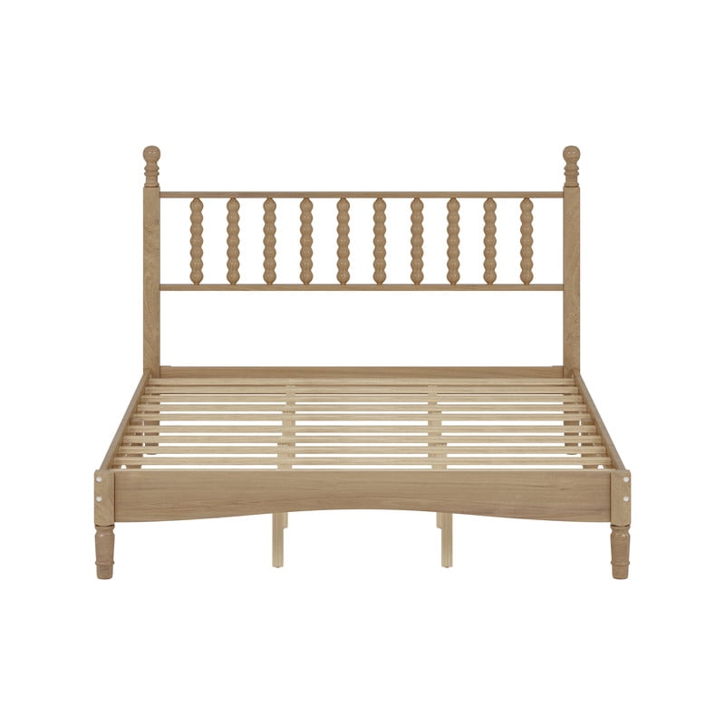 Mid-Century Modern Queen Size Wood Platform Bed with Gourd Shaped Headboard, Retro Style Low Profile Bed Frame with Slats Support