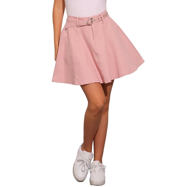 FALDA DE DENIM MINI A-LINE DE CINTURA ALTA PARA MUJERES INSPIRADA EN CHIC CON CINTURÓN L ROSA