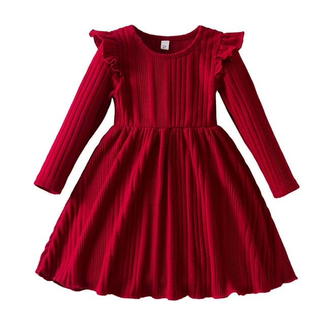 Toddler Girls Long Sleeve Ribbed Knit Dress - Solid Pattern Casual Dress for All Occasions, Soft and Machine Washable