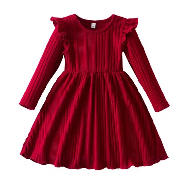 Toddler Girls Long Sleeve Ribbed Knit Dress - Solid Pattern Casual Dress for All Occasions, Soft and Machine Washable