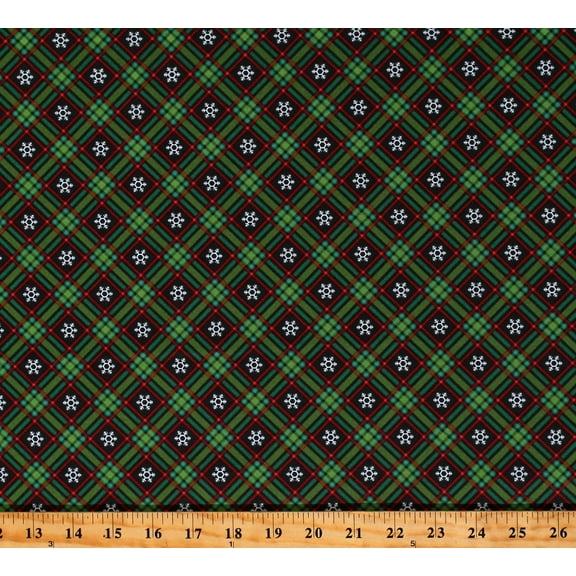 Cotton Christmas Snowflakes Red and Green Plaid on Charcoal Holidays Winter Wonder Cotton Fabric Print by the Yard (C12067-CHARCOAL)