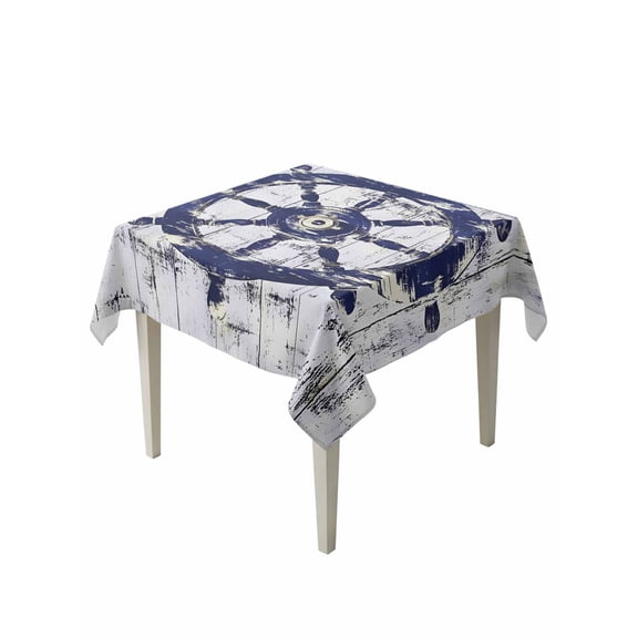 Navy Blue Rudder Coastal Table Cloth, Nautical Beach Ocean Retro Waterproof Tablecloth for Square Tables, Reusable Washable Fabric Table Cover for Restaurant Kitchen Dining Tables 60"x60"