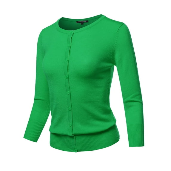 FashionOutfit Women's Solid Crew Neck Button Down 3/4 Sleeves Knit Cardigan