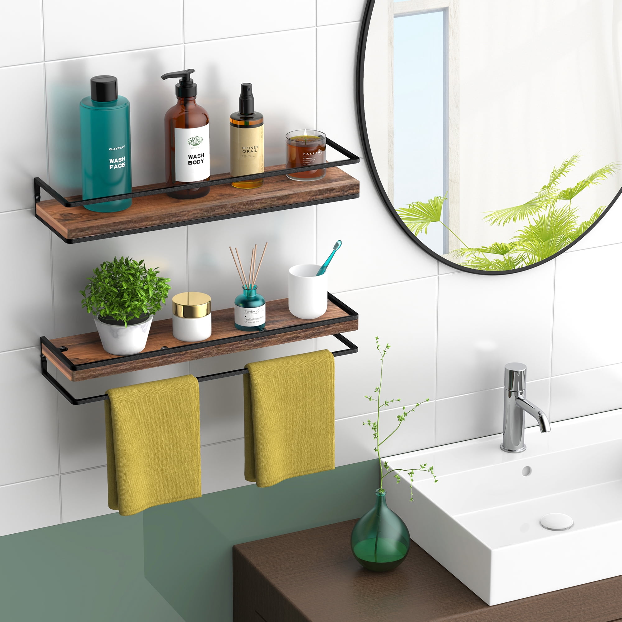 Meangood Floating Shelves Wall Mounted Set of 2, Rustic Wood Wall Storage Shelves for Bedroom, Living Room, Bathroom, Kitchen (Brown)
