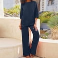 thumbnail image 2 of NMMUED Womens Linen Set Cotton Linen Vacation Outfits Linen Matching Linen Lounge 3/4 Sleeve Top Wide Leg Pants Spring Airport Clothes Women Matching Sets Outfits Dark Blue 3XL, 2 of 6