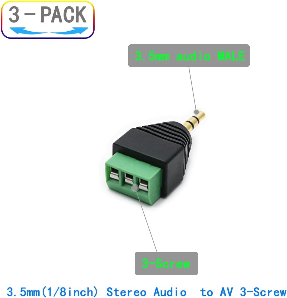JJEAN-3-Pack 3.5mm 3 Pole TRS Stereo AV Male to 3-Screw Terminal 1/8 Inch TRS Stereo Male Plug to 3-Pole Screw Block Soldless Repair Adapter for AUX Cable and IR Extension Cable
