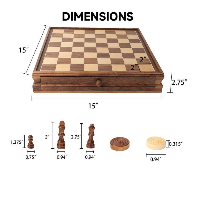 15 Large Wooden Chess/Checkers Board Game Set with Chess Game Pieces and  Drawer