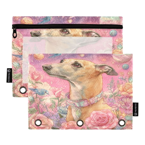 2 Pack 3 Ring Binder Pouch with Clear PVC Window Water Resistant Zipper Pencil Pouch Elegant Beautiful Greyhound Binder Pocket for Classroom Office Home Stationery Organization