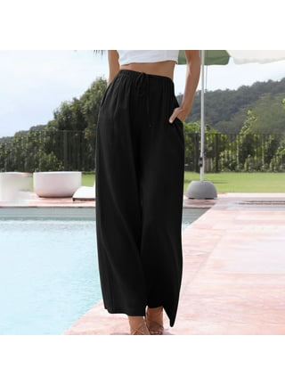 Yuwull Women's Linen Pants Summer Plus Size Flowy Pants Women Casual Loose  Solid Beach Pants Drawstring Elastic Waist Long Wide Leg Pants 