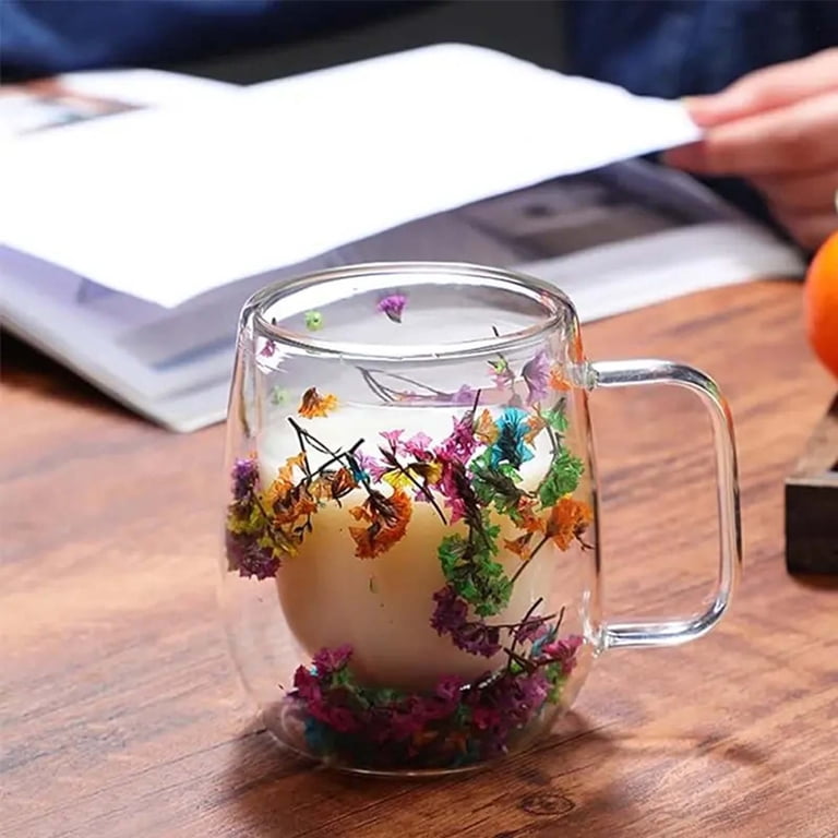 Double Gglass Flower Tea Cup, Glass Coffee Mugs, Aesthetic Dried Flowers Cups with Handles, Dried Flowers Double Wall Glass Coffee Mug, Coffee Cups