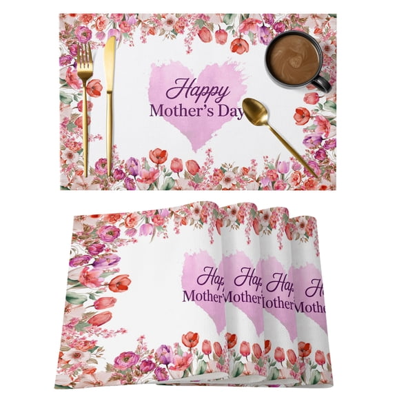 Mother's Day Placemats Set of 8 Spring Watercolor Flowers Purple Love Heart Place Mats Indoor Wipeable Table Mats Washable Cloth Dining Table Placemats for Kitchen Holiday Party Home Decor 13x19 Inch