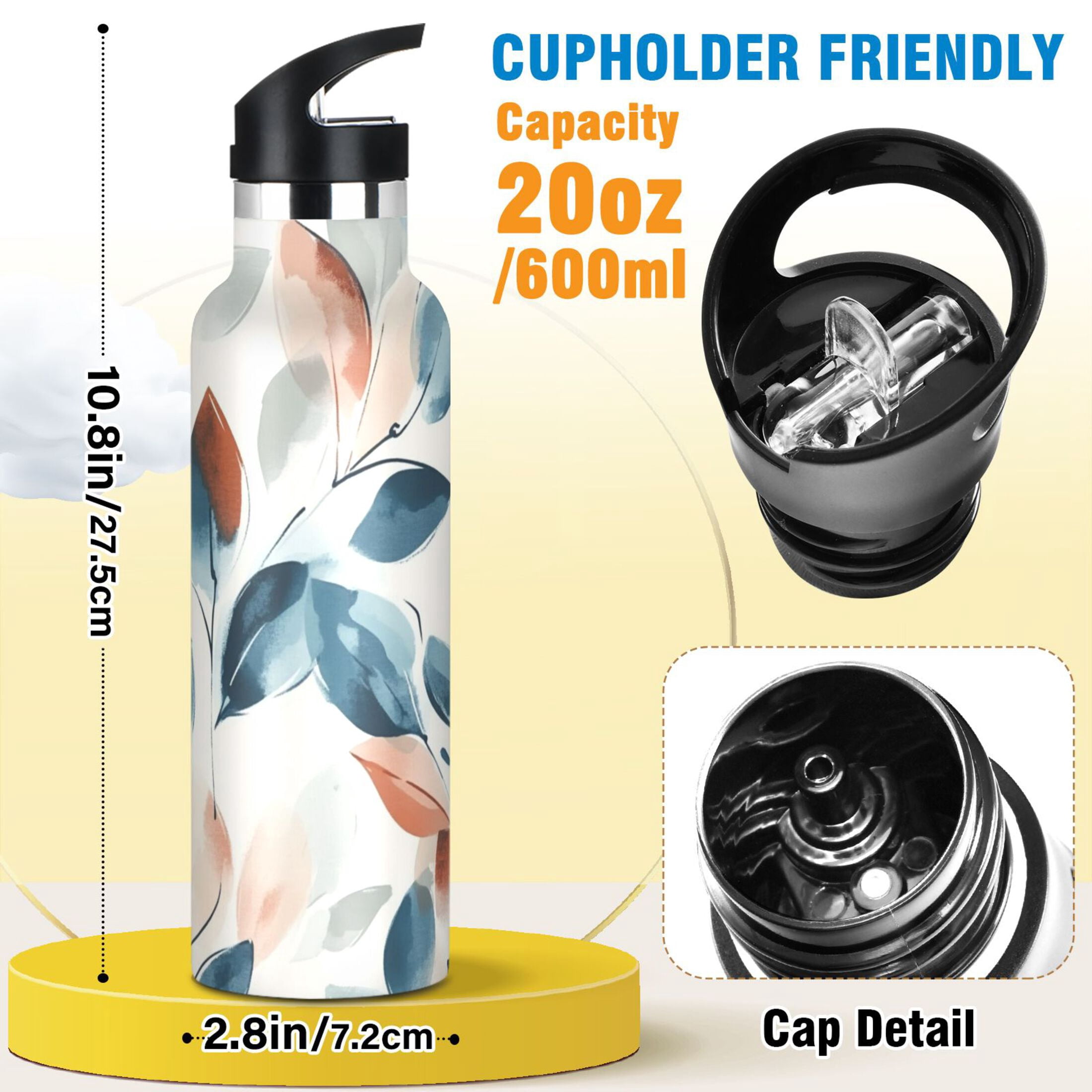 Kids Insulated Stainless Steel Sports Water Bottle 600ml (20oz) Soft Blue Watercolor Leaves