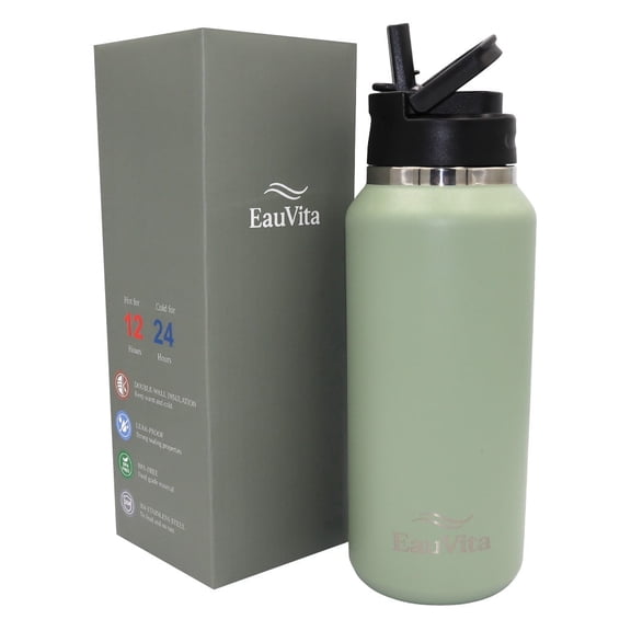 32 oz Stainless Steel Insulated Water Bottle with Wide Straw Lid – Double Wall Vacuum Flask, Leakproof & BPA-Free, Non-Spill Bottle for Hot & Cold Drinks, Olive Green