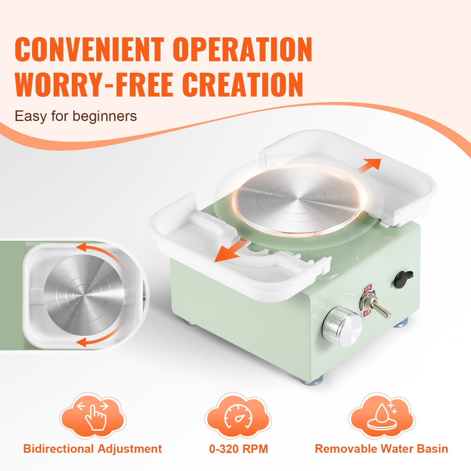 KFFKFF Compact Clay Wheel, Speed Range 0-320RPM with Removable Tray, 2.56in/3.94in Dual Electric Ceramic Disc Machine, 18-piece Tool Set, Ideal for Artistic Creations and Home Projects, Green