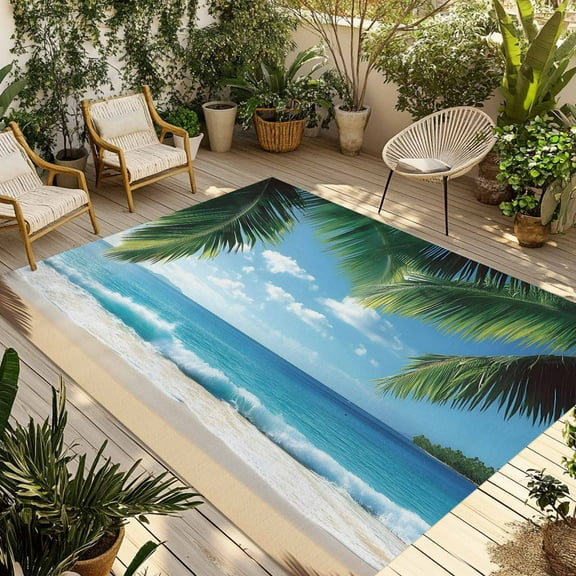 Fsddascl Summer Beach Coastal Outdoor Rug for Patio/Deck/Porch, Non-Slip Large Area Rug 5 x 8 Ft, Palm Tree Sandy Vacation Indoor Outdoor Rugs Washable Area Rugs, Reversible Camping Rug Carpet